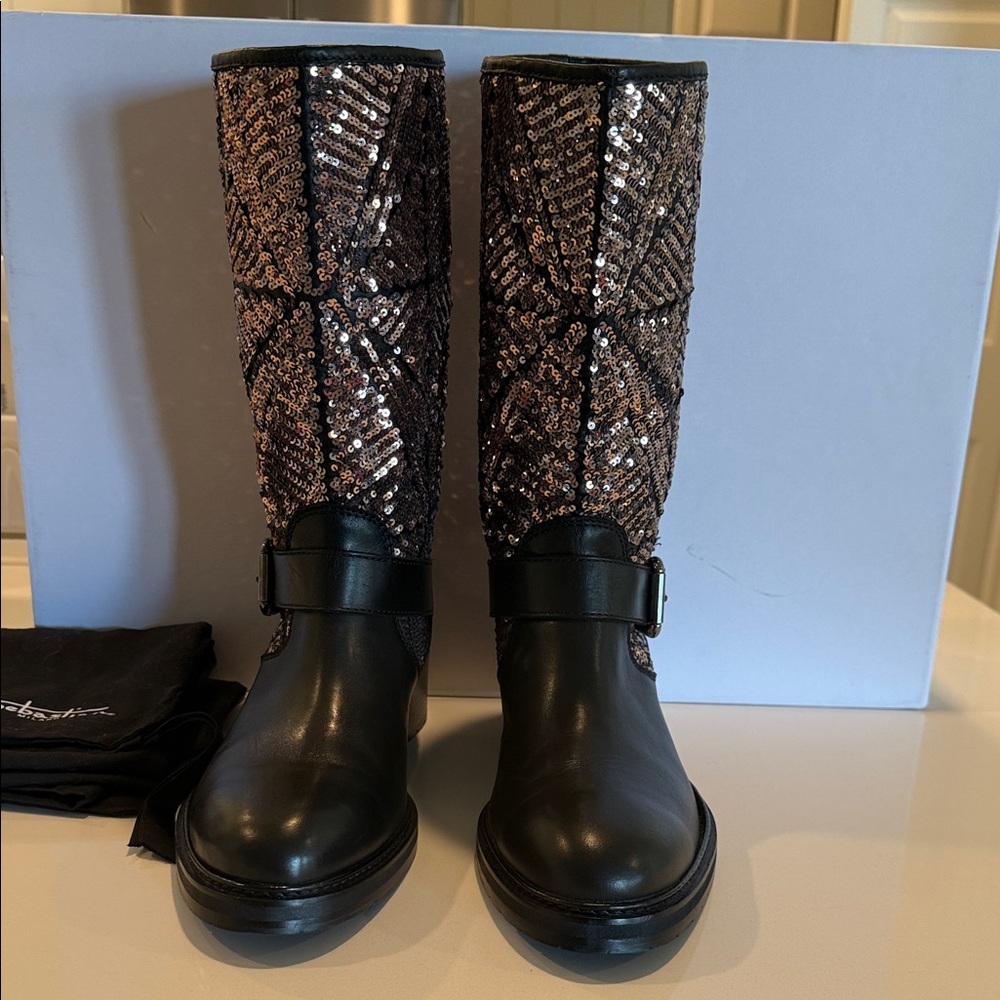 Sebastian Milano Black and Silver Sequin Heeled Boots size 10